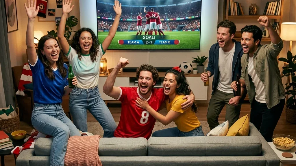 Amigos reunidos comemorando e assistindo futebol na TV com ASSIST PLUS